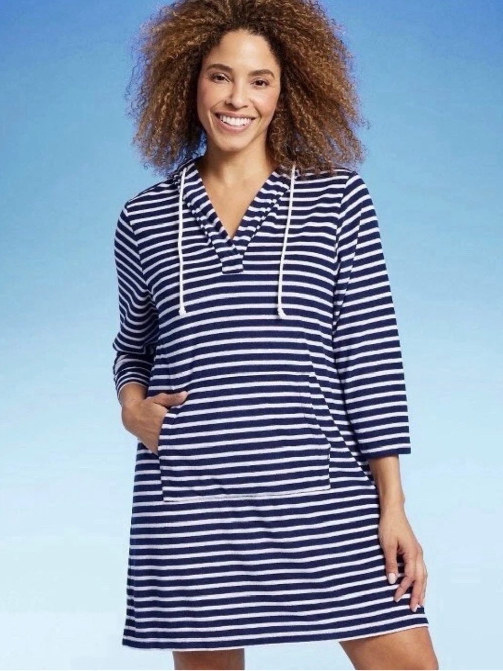 Size XL Lands' End Navy and White Striped Hooded Tunic